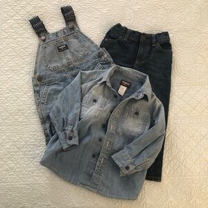 OshKosh B’Gosh denim bundle. Bib shorts-jeans-denim shirt. Size 3T.